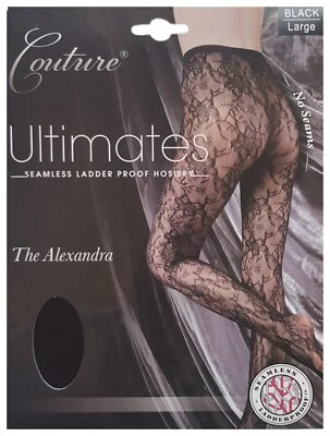 FISHNET TIGHTS Ladder Proof BLACK Floral Pattern COUTURE Ultimates Alexandra M L - Image 1 of 4