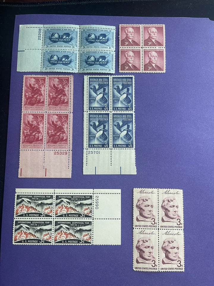 US 3 Cents 6 Block Of 4 Stamps,1953-1959, MNH With Original Glue - Image 1 of 4