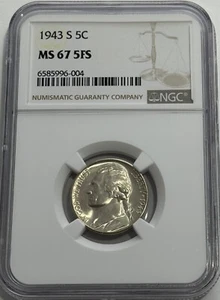 1943 S NGC MS67 5FS SILVER JEFFERSON NICKEL 5C MINT STATE COIN FIVE FULL STEPS - Picture 1 of 3