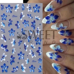 Blue Lace Floral Flowers Nail Art Stickers Embossed Decals DIY Nail Design NS52 - Picture 1 of 17
