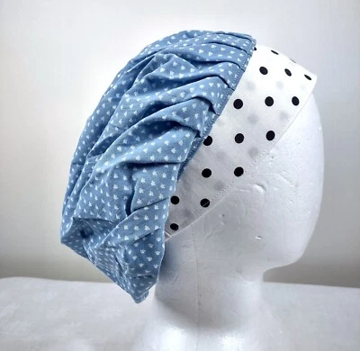 Bouffant Scrub Cap Chemo Hat Chef Handmade Cotton Polka Dots Blue 23.5” to 33.5” - Image 1 of 4