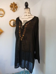 Large Tommy Bahama Black Sheer Beach Swim Cover-up or Blouse Boho 100% Cotton - Picture 1 of 8