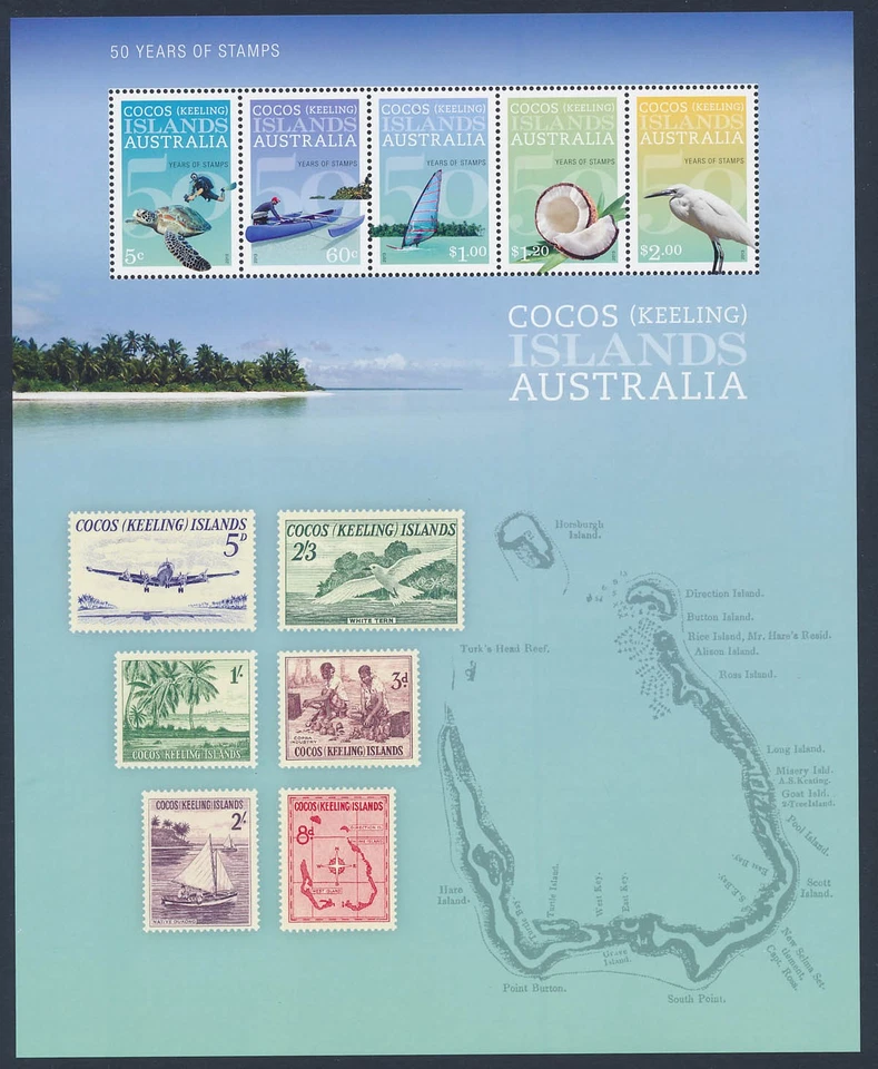 Estampillas de 50 años de Islas Cocos Keeling Australia 2013 + hoja imperfecta MUH** Foto 1 de 1