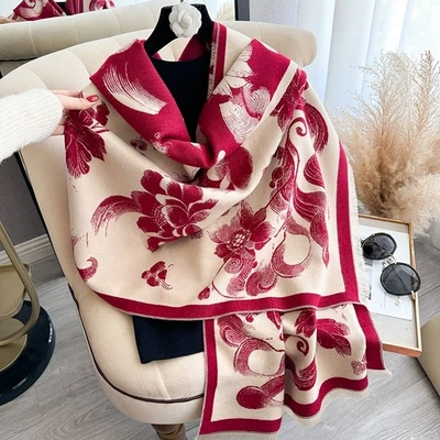 Reversible Floral Pashmina Shawl Scarf Red Beige Winter Wrap Blanket Style - Image 1 of 4