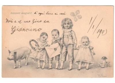 1903 RR V Wichera Postal Primeros'900 Niños Cerdo Hongo Amuleto - Imagen 1 de 2