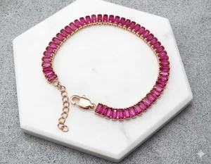 21Ct Baguette Lab Created Pink Ruby Tennis Bracelet in 14k Rose Gold Plated 7.5" - Picture 1 of 5