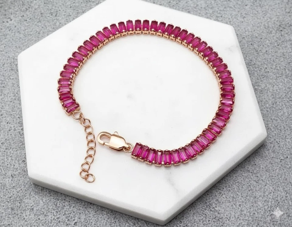 21Ct Baguette Lab Created Pink Ruby Tennis Bracelet in 14k Rose Gold Plated 7.5" - Image 1 of 4
