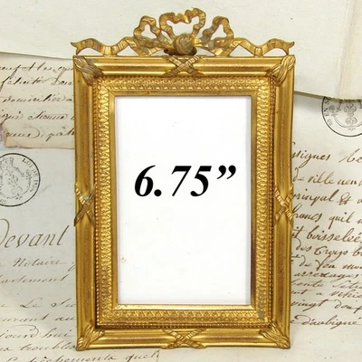 Antique French Gilt Bronze 6.75" Picture Frame, Louis XVI Style Bow & Ribbon Top - Image 1 of 4