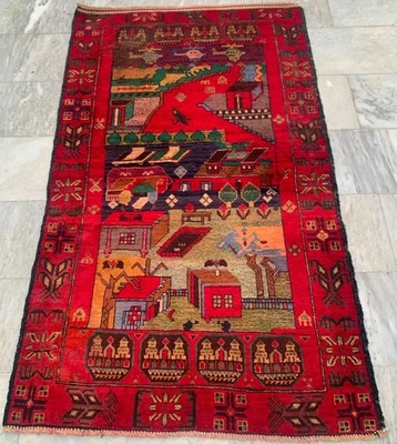 3x6ft Vintage Afghan/Turkish Rug Handmade Rug Geometric Rug Tribal Pictorial Rug - Image 1 of 4