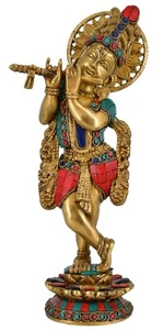 Whitewhale Brass Lord Krishna Idol Bhagwan Large Statue Multicolor Home Decor - Picture 1 of 6