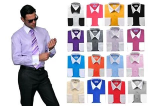 BERLIONI MEN'S PREMIUM TWO-TONE FRENCH  CONVERTIBLE CUFF BUTTON UP DRESS SHIRT - Picture 1 of 18