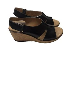 Clarks schwarze Leder Kork Keilabsatz Sandalen 7M Klettverschluss - Bild 1 von 6