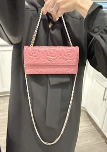 Auth CHANEL CC Pink Camellia Embossed Caviar Leather Wallet w/ Chain - Picture 1 of 18