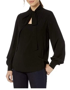 Juicy Couture Tie Neck Blouse Top Size XS Black 100% Viscose Long Sleeves Bow - Picture 1 of 11
