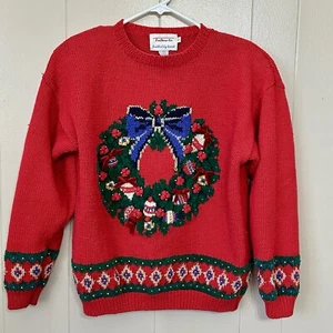 Maglione natalizio vintage Talbots taglia L corona rossa perline anni 90 3D maglia a mano "Brutto" - Foto 1 di 9