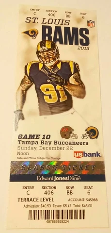 2013 Tampa Bay Buccaneers St. Louis Rams NFL Football Ticket Stub Los Angeles Cover