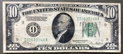 1928 $10 FRN [] MINNEAPOLIS [] GOLD Motto - BIG 9 Seal [] SN# I 01639140 A - Image 1 of 3