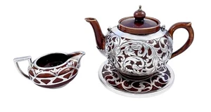 Antique Art Nouveau Lenox brown teapot, stand, creamer; sterling silver overlay - Picture 1 of 21