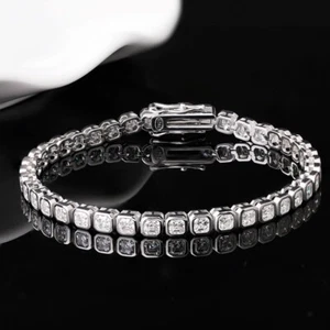 3mm Asscher Cut Real Moissanite Bezel Tennis Chain Bracelet 925 Sterling Silver - Picture 1 of 19