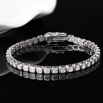 3mm Asscher Cut Real Moissanite Bezel Tennis Chain Bracelet 925 Sterling Silver - Image 1 of 4
