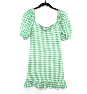BB DAKOTA Gingham Mini Dress Womens Size S Green Smocked Puff Sleeves Casual - Picture 1 of 9