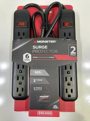 MONSTER SURGE PROTECTOR 6 GROUNDED OUTLET 2 PACK 620J 2 FT EXTENSION BRAND NEW - Image 1 of 4