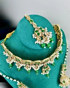 Gold Plated Bollywood Kundan Choker Bridal Necklace Earrings Jewelry Set Green - Picture 1 of 4