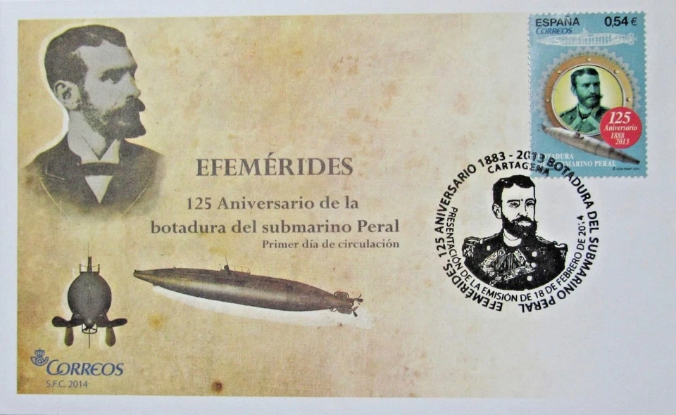  SOBRE 1º DIA CIRCULACION  EFEMERIDES 125 ANIVERSARIO BOTADURA SUBMARINO PERAL - Imagen 1 de 1