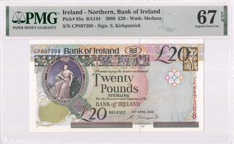 2008 NORTHERN IRELAND BELFAST 20 POUNDS "CP" (( PMG 67 EPQ )) Cover