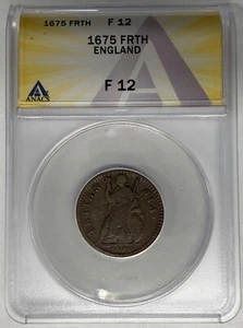 1675 England FRTH Britannia 1/4 Penny Copper Coin of Charles II ANACS F 12 - Picture 1 of 2