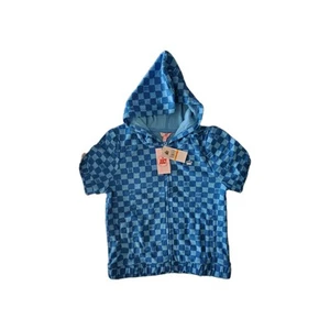NWT Juicy Couture Terry Cloth Girls Short Sleeved Hoodie Checked Blue Print L 14 - Picture 1 of 2