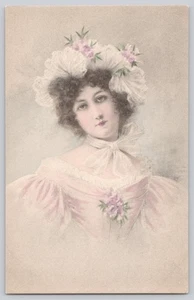 French Lady Portrait Postcard Hat Bow Rose Artist Style Tinted Carte Postale - Picture 1 of 3