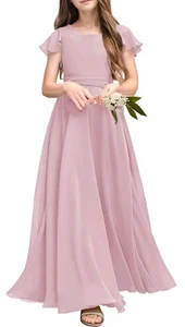 Kinder Junior Brautjungfer Kleider Chiffon Blumenmädchen Kleid für Teenager Mädchen Lang P... - Bild 1 von 5