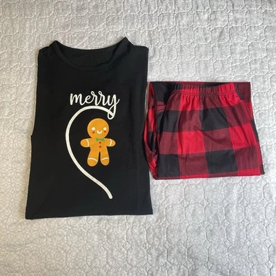 Conjunto de pijama de Navidad de pan de jengibre camisa negra y pantalones de jersey a cuadros para hombre talla M” Foto 1 de 4