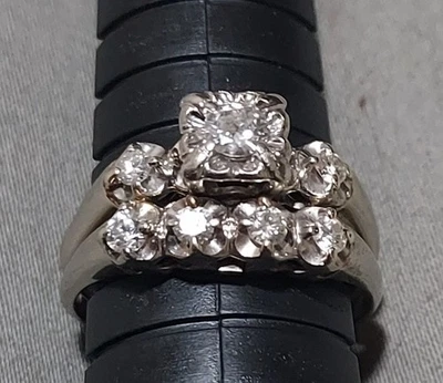 14 Karet White Gold Natural Diamond ring wedding set VINTAGE  - Image 1 of 4