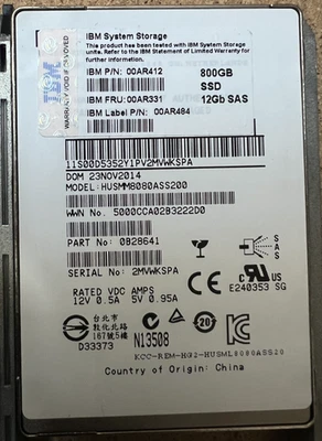 IBM 00AR412 800GB 2.5" 12Gb/s SAS Solid State Drive Server SSD - Image 1 of 4