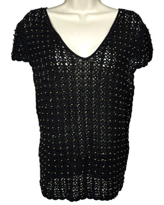 Pullover elástico con cuentas de ganchillo negro talla XL Grace Elements para mujer Foto 1 de 4
