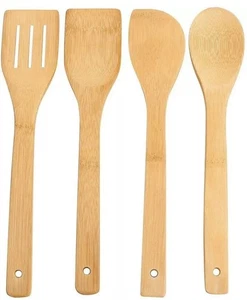 Set of 4 BAMBOO SPOONS Wooden Spatula Spoon Kitchen Cooking Utensils Turner - Picture 1 of 3