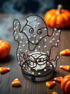 Halloween Ghost Wire Wrapped Beaded Tea Light Candle Holder - Picture 1 of 7