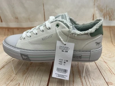 MUSTANG Ladies White With Green Trim  Faux Leather Trainers Size UK 6 EU 39 - Image 1 of 4