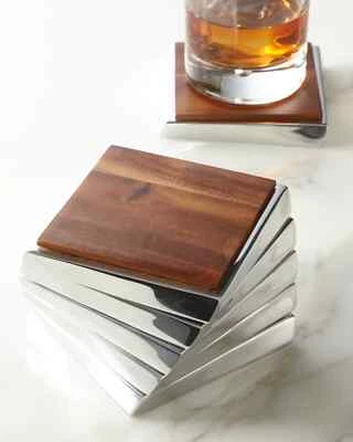 Set of 6 Nambe Twist Spiral Coaster Acacia Wood Silver Alloy MT0021 $170 NWOB - Image 1 of 4