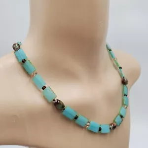 Blue Glass Necklace 18in Silver Tone Toggle Textured Edges Crystal Beads Beach - Picture 1 of 22