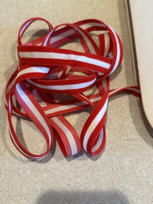 Very Vtg. Red/white Striped Ribbon Rayon Velvet 5/8” Colorfast VALENTIN 4 Yd Cut - Image 1 of 4
