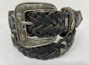 Belt Fits up to 30" Black Leather Braided Woven Silver Buckle Medallions Aztec - Picture 1 of 5