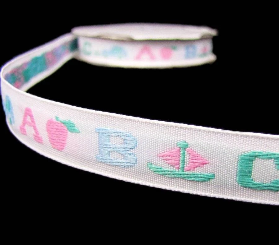 5 Yards Baby ABC Apples Boats Cars Pastel Woven Jacquard Trim Ribbon 5/8"W - Image 1 of 1