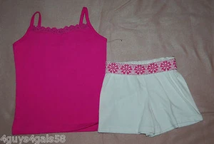 Girls Shorts Set HOT PINK CAMI  White Fold Down Shorts XS 4-5 FLOWERS Lace Trim - Picture 1 of 1
