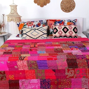 Blanket  Silk Vintage Indian Patchwork Kantha Bedspread Handmade Quilt Throw - Picture 1 of 4