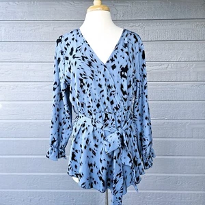 Bloomchic Blue V Neck Top Women's Sz 12 Elastic Waist Long Sleeve Belted Blouse - Bild 1 von 7
