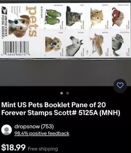 Mint US Pets Booklet Pane of 20 Forever Stamps Scott# 5125A (MNH) buy 10 get 1 f - Picture 1 of 1