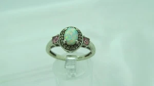 Signierter Sterling Silber .925 OPALIT & ROSA TOPAS HALO RING Größe 9 GLITZERND - Bild 1 von 15